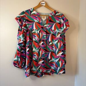 Emily McCarthy Colorful Ruffled Shoulders Bib Collar Flowy Long Sleeve Blouse Wo